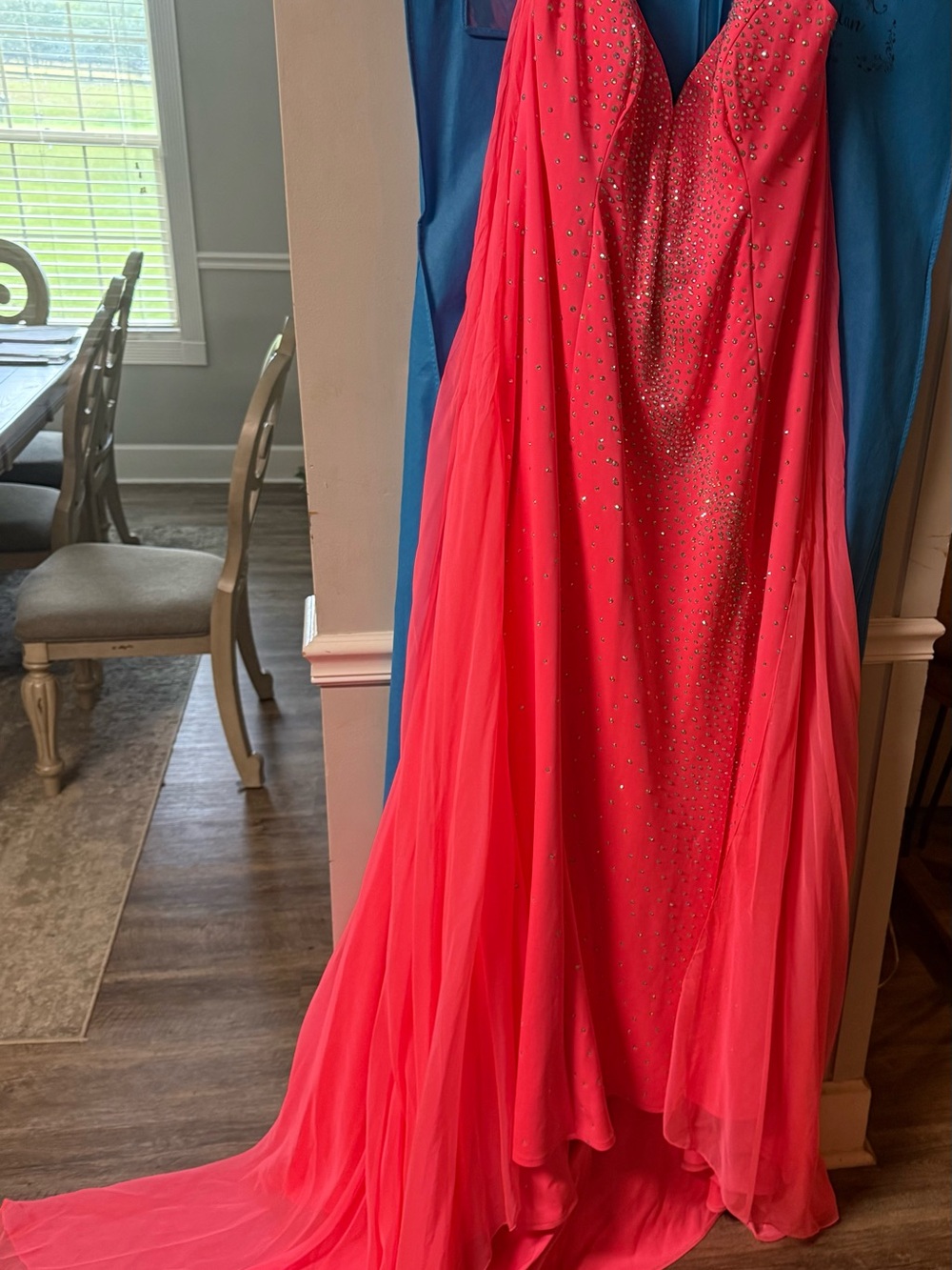 Johnathan Kayne Coral Pink Rhinestone Chiffon Prom or Pageant Gown